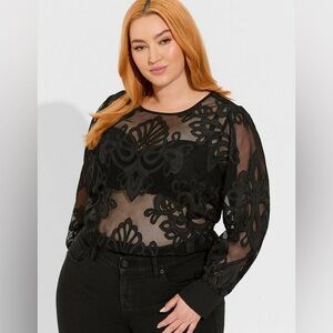 Torrid Mesh With Embroidery Long Sleeve Blouse